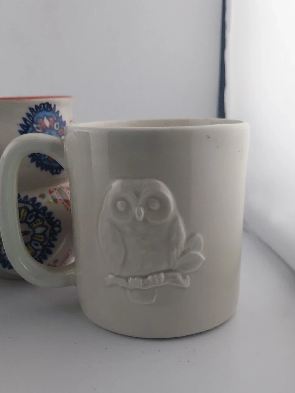 Vintage Owl Mug Set - Blue, White, Cream with Coral Accent